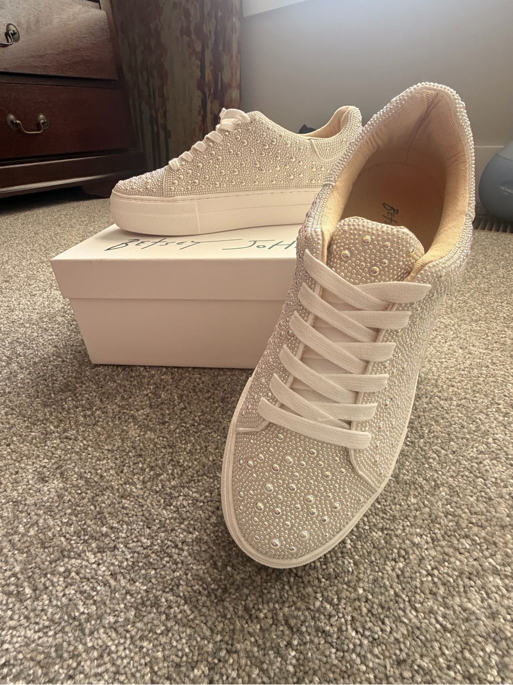 Betsey Johnson Cream Pearl-Embellished Lace-Up Sneakers